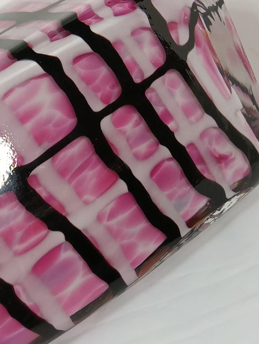 Handblown Large Stylish Pink BLack White Patterned Grid Print Glass Vase Whimsy